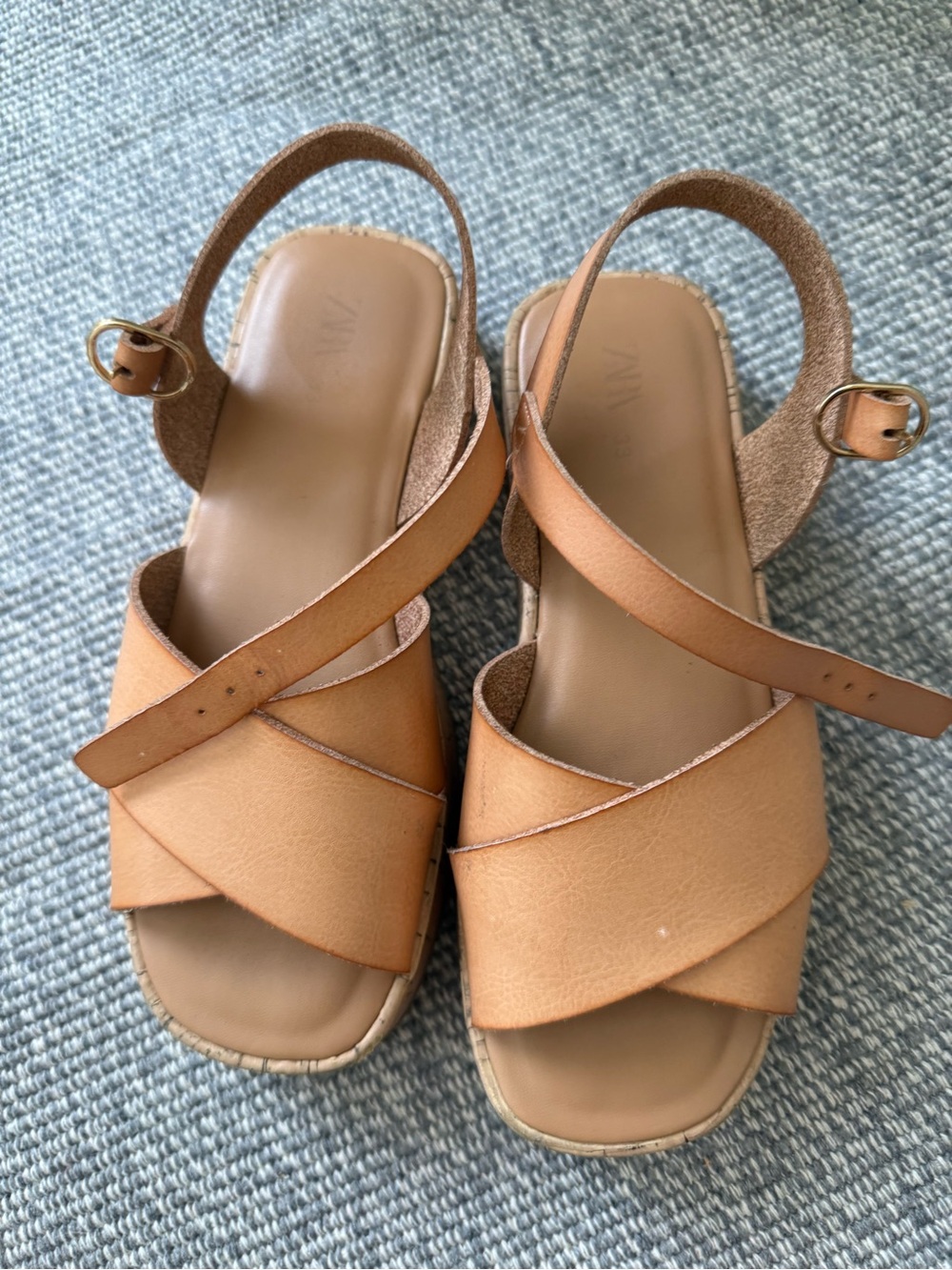 Zara Tan Leather Cork Kids Platform Sandals with Gold Buckle